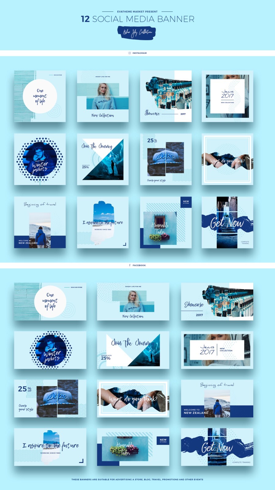 3 in 1 Social Media Kit Facebook Instagram Fully Editable PSD 3 Color Schemes