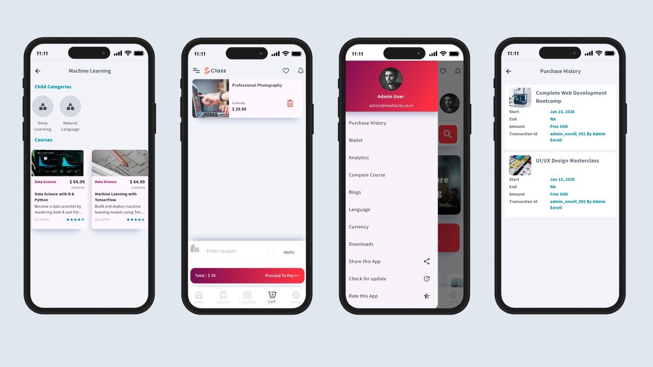 eScholar LMS Flutter Mobile App | Android & iOS | Course Learning Platform