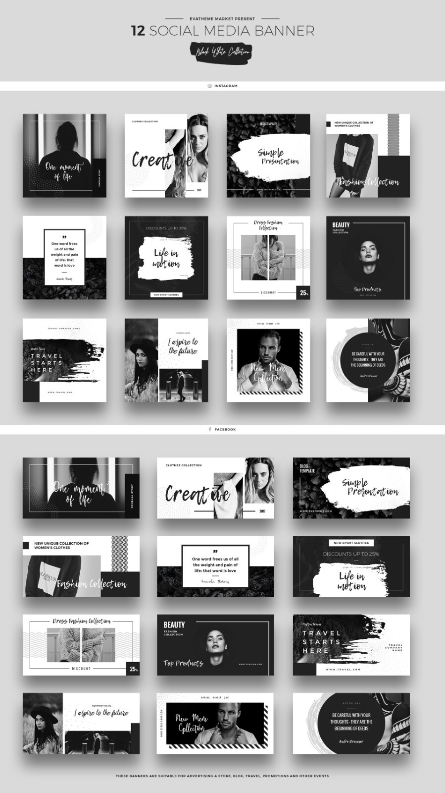 3 in 1 Social Media Kit Facebook Instagram Fully Editable PSD 3 Color Schemes