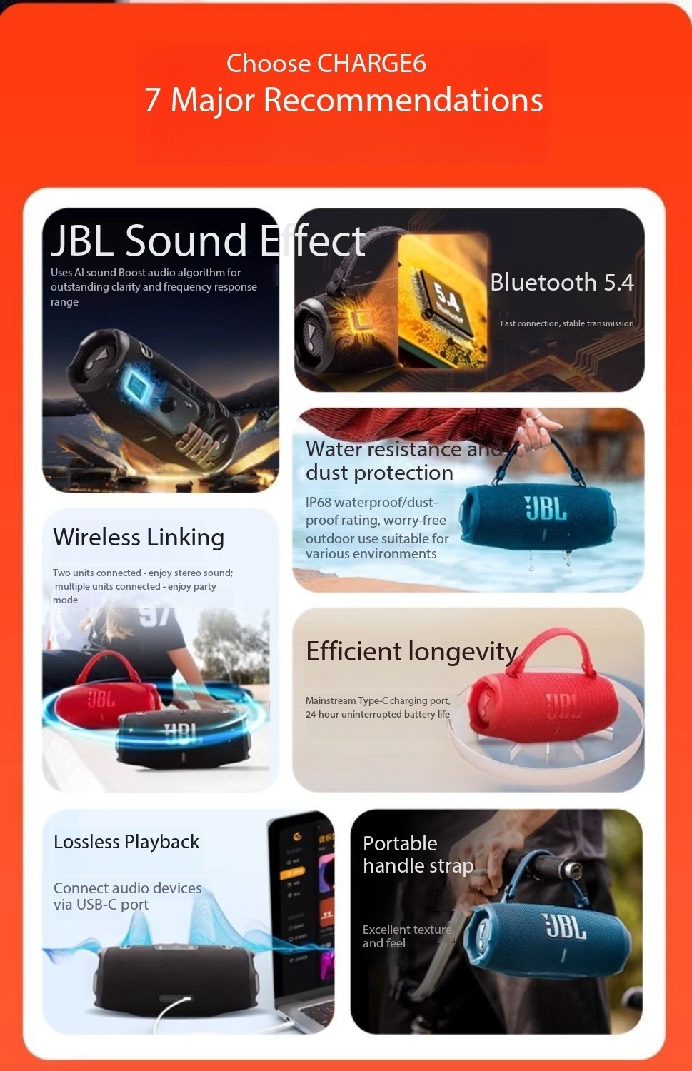 JBL CHARGE6 Music Shockwave 6th Generation Dustproof and Waterproof Bass Speaker