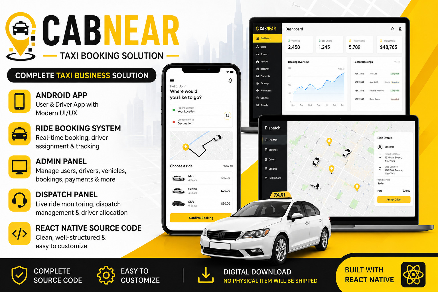 CabNear Taxi Booking App | Android & iOS | React Native Admin + Dispatch Panel