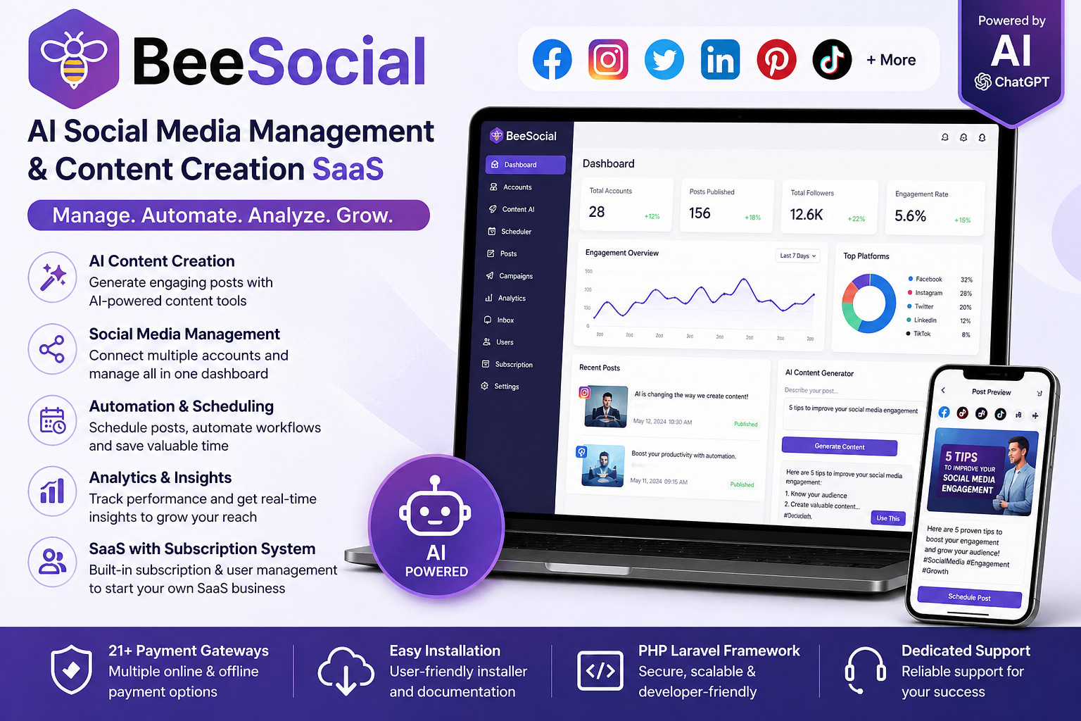 BeeSocial – AI Social Media Management | Content Creator, Scheduler, Analytics