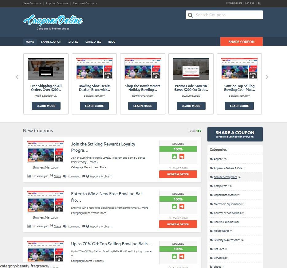 Coupons Discount Codes Sharing Website – Auto Pilot – Free Hosting + SSL