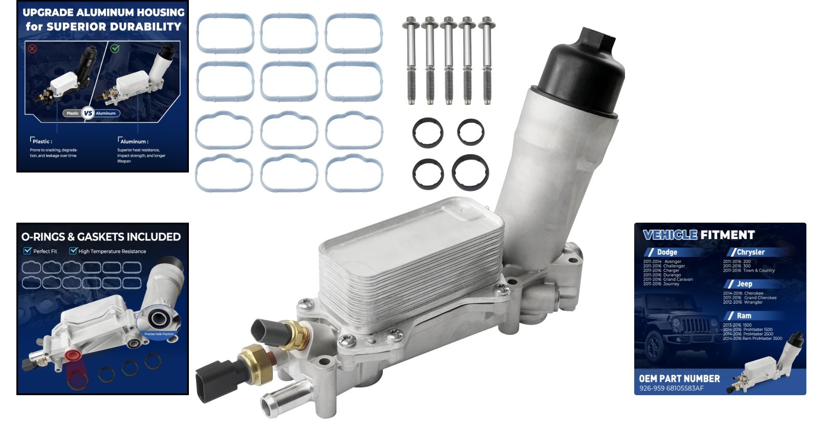 926-959 Upgrade Aluminum Engine Oil Cooler Oil Filter Housing for 2011-2016 Jeep