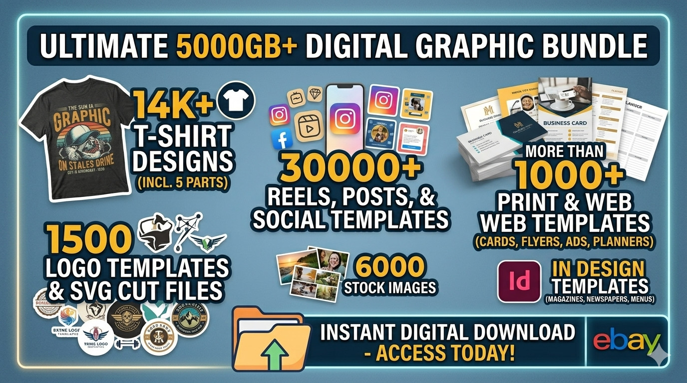 ULTIMATE 5000GB+ DIGITAL GRAPHIC BUNDLE | 14K T-SHIRT DESIGNS | 1500 LOGOS | SVG