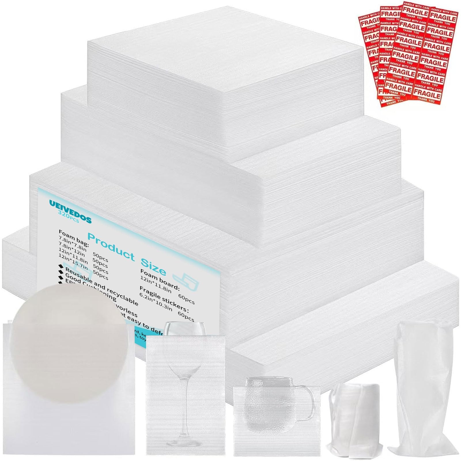 320pc Dish Packing Supplies Moving Kit Foam Pouches Sheets Fragile Stickers Set