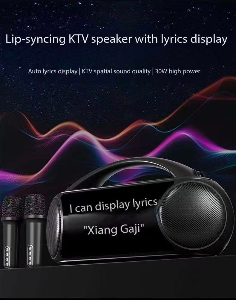 Wireless outdoor karaoke microphone and speaker with lyrics display all-in-one