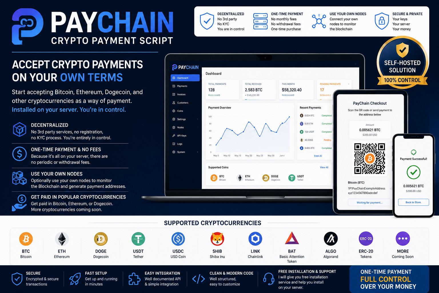 PayChain – Crypto Payment Gateway PHP Project | BTC ETH USDT DOGE | Self-Hosted