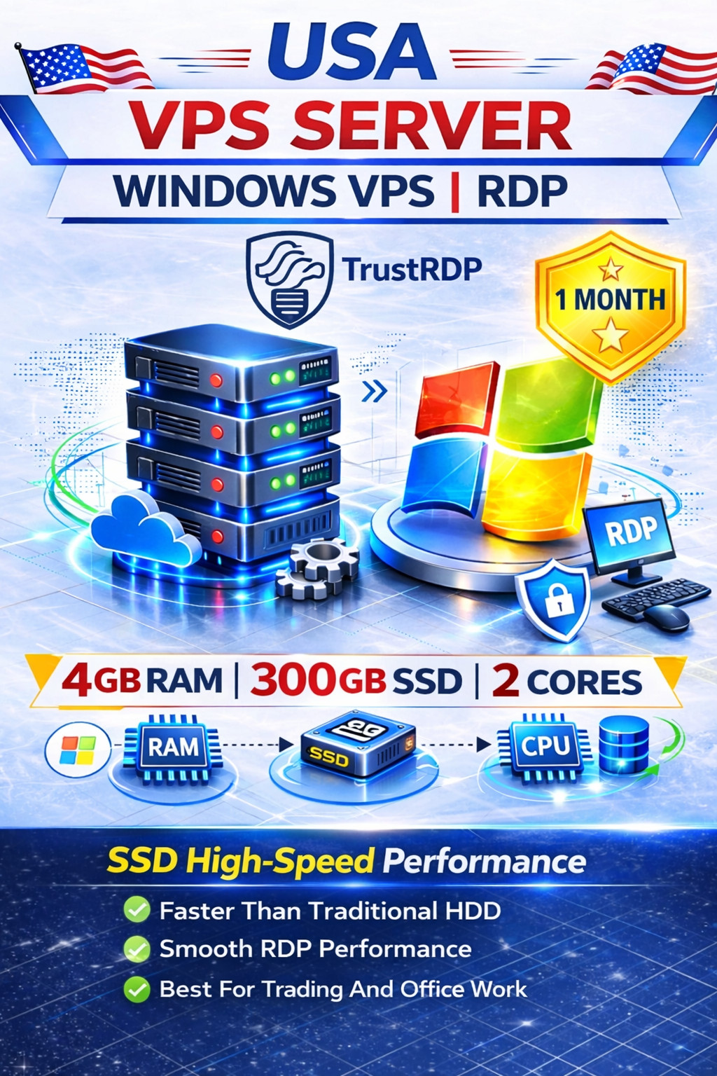 USA Windows VPS RDP Server 4GB RAM 300GB SSD High Speed Remote Desktop