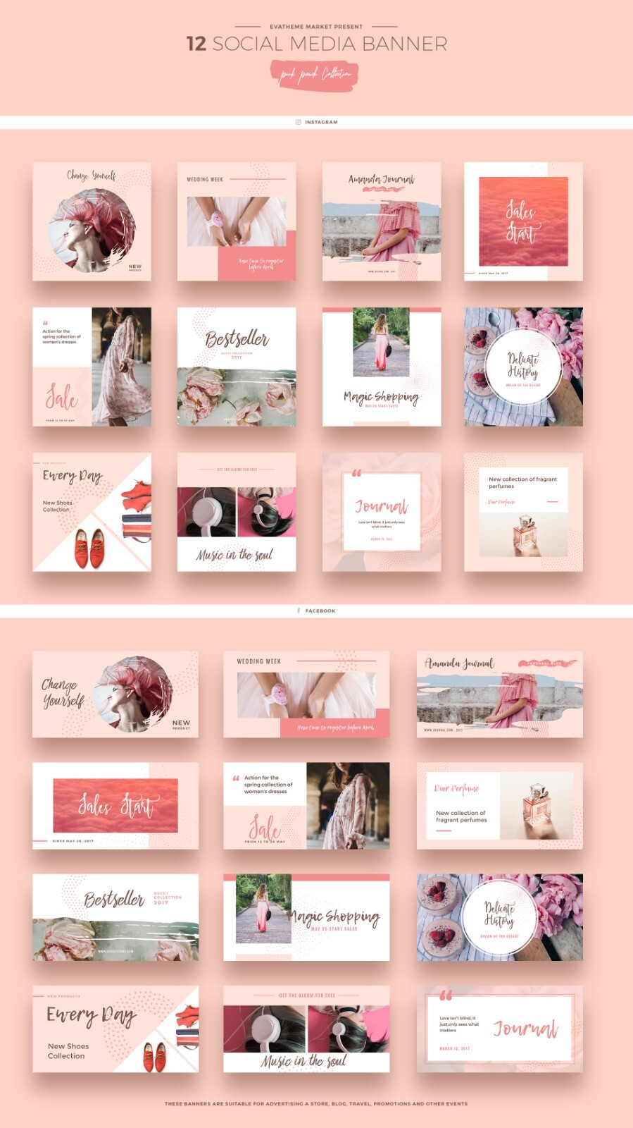 3 in 1 Social Media Kit Facebook Instagram Fully Editable PSD 3 Color Schemes