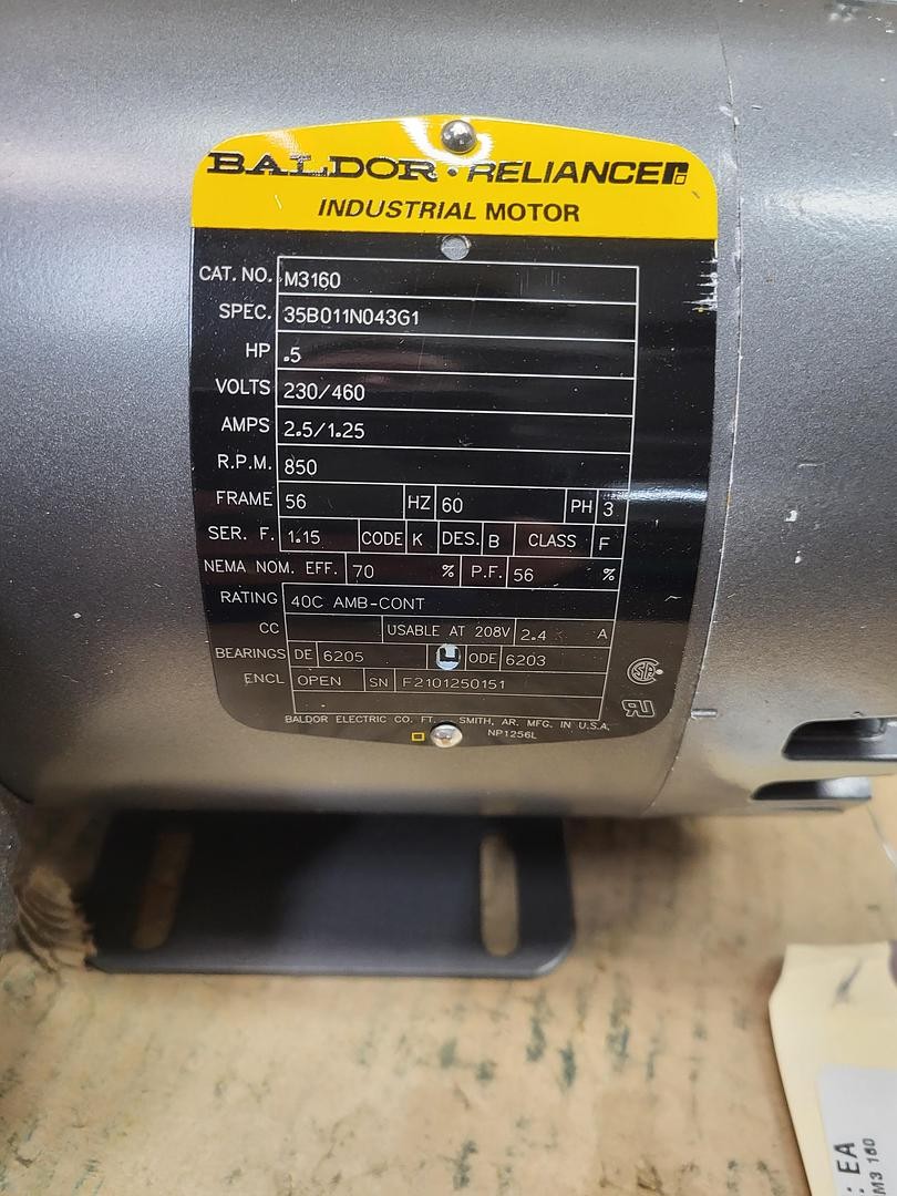 BALDOR .5 HP Motor 35B0112N043G1 / frame: 56 – 850 RPM – 230 /460 – 3 ph No box