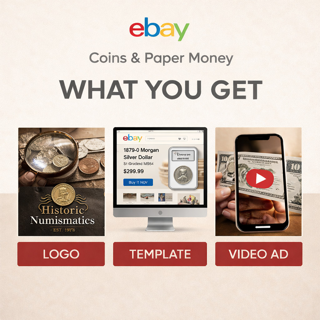 ebay store listing template, logo design and 60 sec video Coins & Paper Money