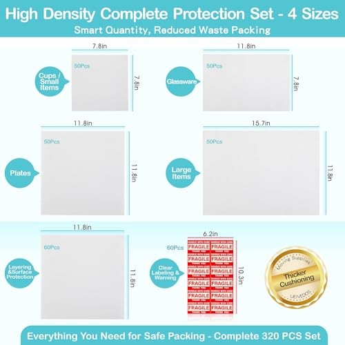 320pc Dish Packing Supplies Moving Kit Foam Pouches Sheets Fragile Stickers Set
