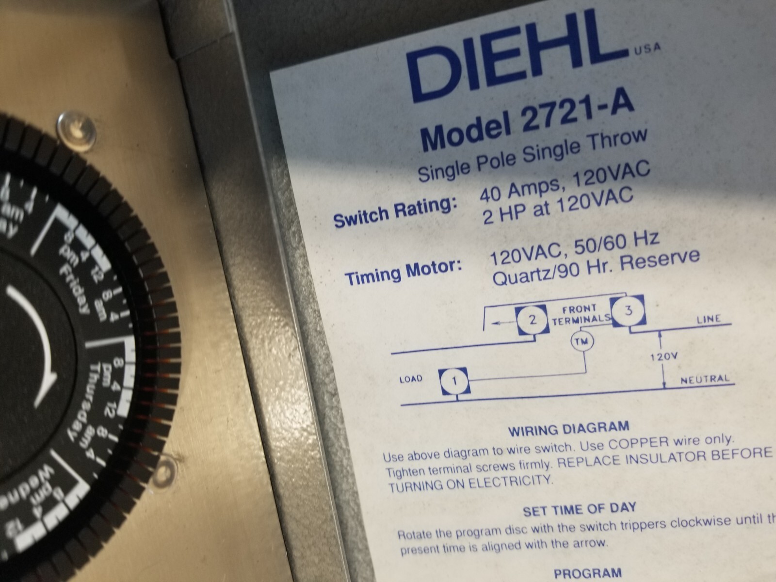 DIEHL Single Pole Single Throw 2721-A 40 Amps PROGRAMMABLE TIME SWITCH