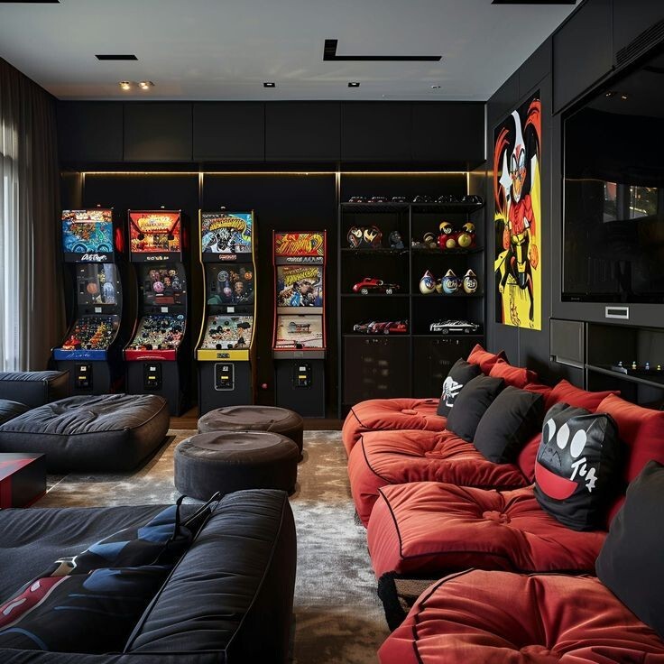 video games, entertainment room, game room, adult and kids game room, room ideas