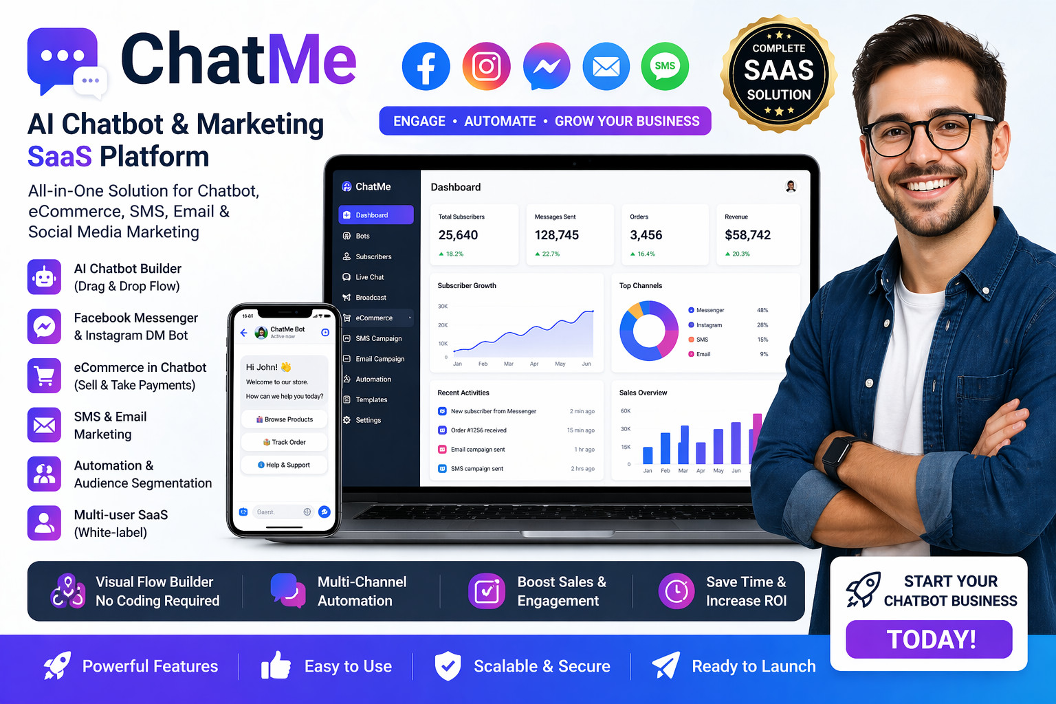 ChatMe AI Chatbot for Facebook, Instagram, eCommerce, SMS & Email Marketing