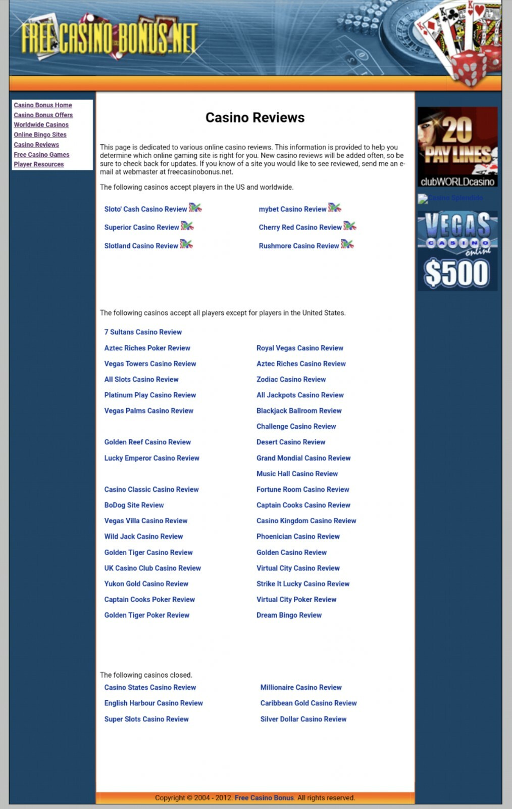 FreeCasinoBonus.net Affiliate Online Casino Gambling Website, Online Since 2003!